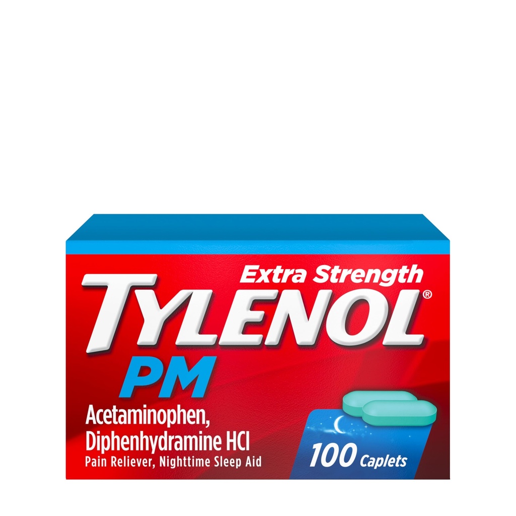 Tylenol PM Extra síla noční bolesti Reliever & Sleep Aid Caplet, 500 mg Acetaminophen & 25 mg Difenhydramine HCl, Relief for Nighttime Aches & Pains, Non- Habit Forming, 100 ct