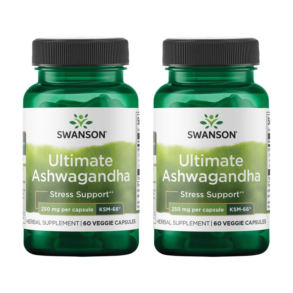 Swanson Ultimate Ashwagandha KSM-66 - Bylinný dodatek podporující zdravé stresové hladiny a relaxaci - Přírodní vzorec na podporu klid & relaxované Mindset - (60 Veggie Kapsle, 250mg každý) (2 Pack)