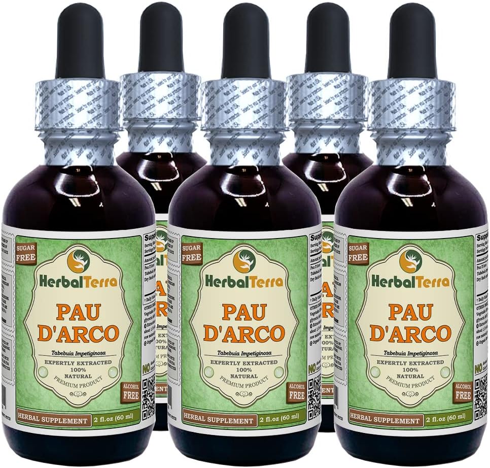 PAU d 'arco (Tabebuia Impetiginosa) Glycerit, sušený Bark Alcohol- Free Liquid Extract (Značka: HerbalTerra, Prooudly Made in USA) 5x2 fl.oz (5x60 ml)