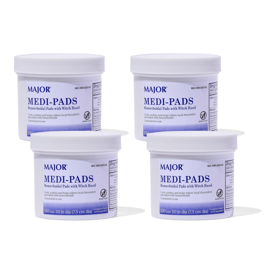 MAJOR Medi- Pads - Hemeroidní Hygienické Čištění Hazel Pads - Chladicí reliéf s aloe - 100 Count Jar (4 Pack)