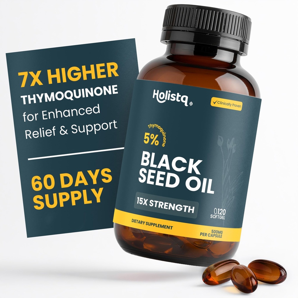 Holistiq Black Seed Oil Organic Cold Pressed Kapsle 124; 5% Thymoquinone Oil 124; Non- GMO & Vegan Oil 124; Nigella Sativa Black Cumin Seed Oil, Omega 3 6 9 Podpora odolnosti dospělých - 120 Softgels, 2 měsíce Dodávka