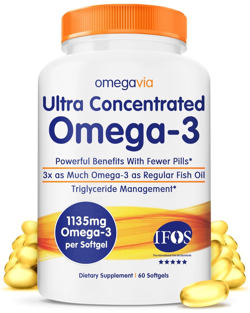 OmegaVia Ultra koncentrovaná Omega 3 Rybí olej Burless, 60 Softgels, Triple Strength Omega 3 Rybí olej doplňky, 1135 mg Čisté Omega3, No Fishy Burps, High EPA DHA DPA, IFOS 5-Star