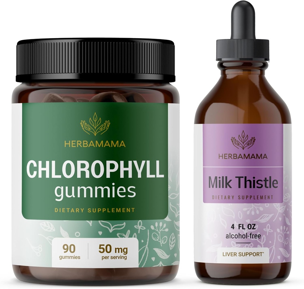 HERBAMAMA Chlorofyl a mléčný thistle Kit - Bundle 50 mg chlorofylové gumy & mléčný thistle extract tinktura 4 fl oz - Vegan, Non- GMO, cukr & Alcohol- Free - 2 Pack