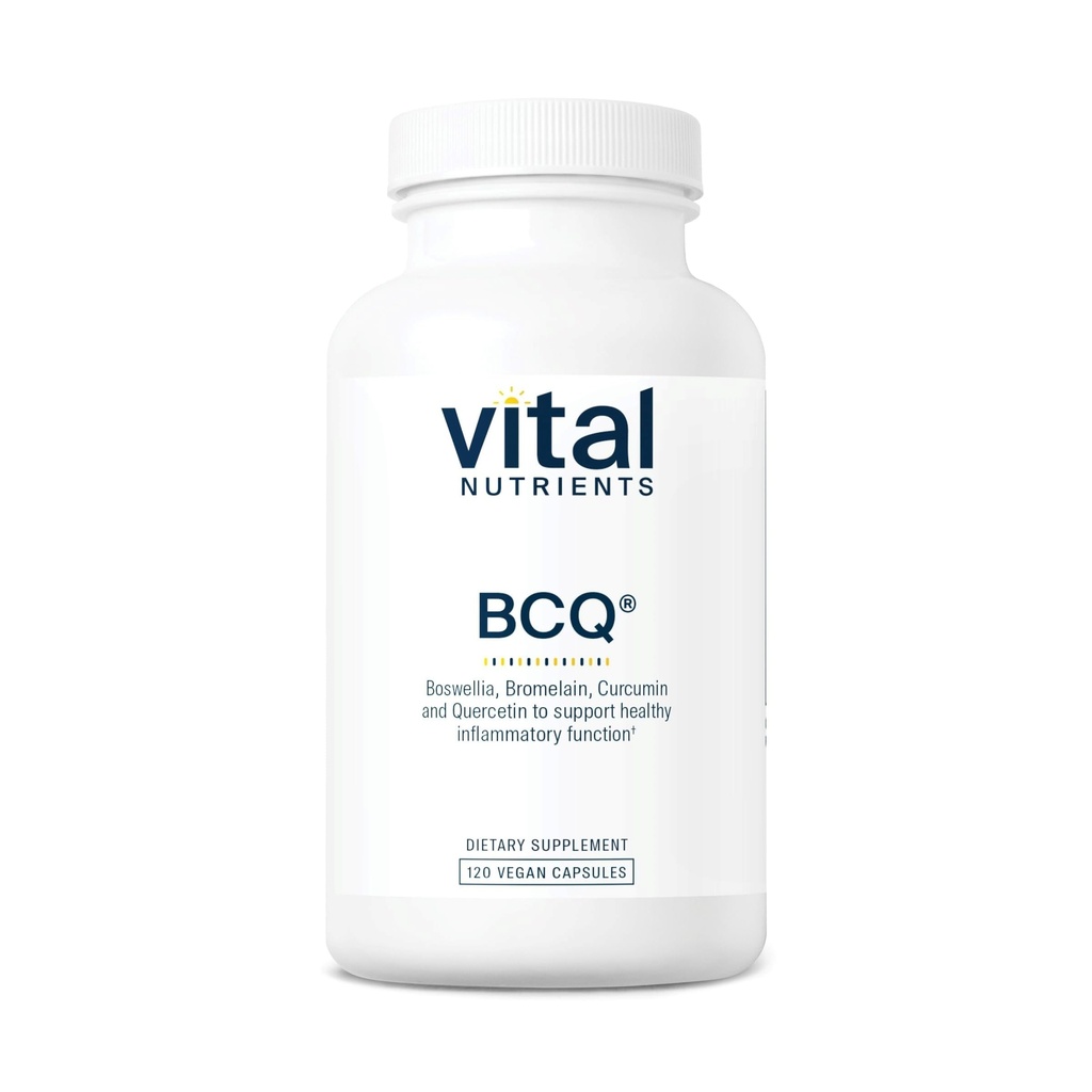Vital Nutrients BCQ S124; Vegan Boswellia, Bromelain, Curcumin & Quercetin dodatek S124; Společná podpora dodatek S124; Podporuje Sinus & Digestive Health S124; Gluten, Dairy, Soy Free S124; 120 Kapsle