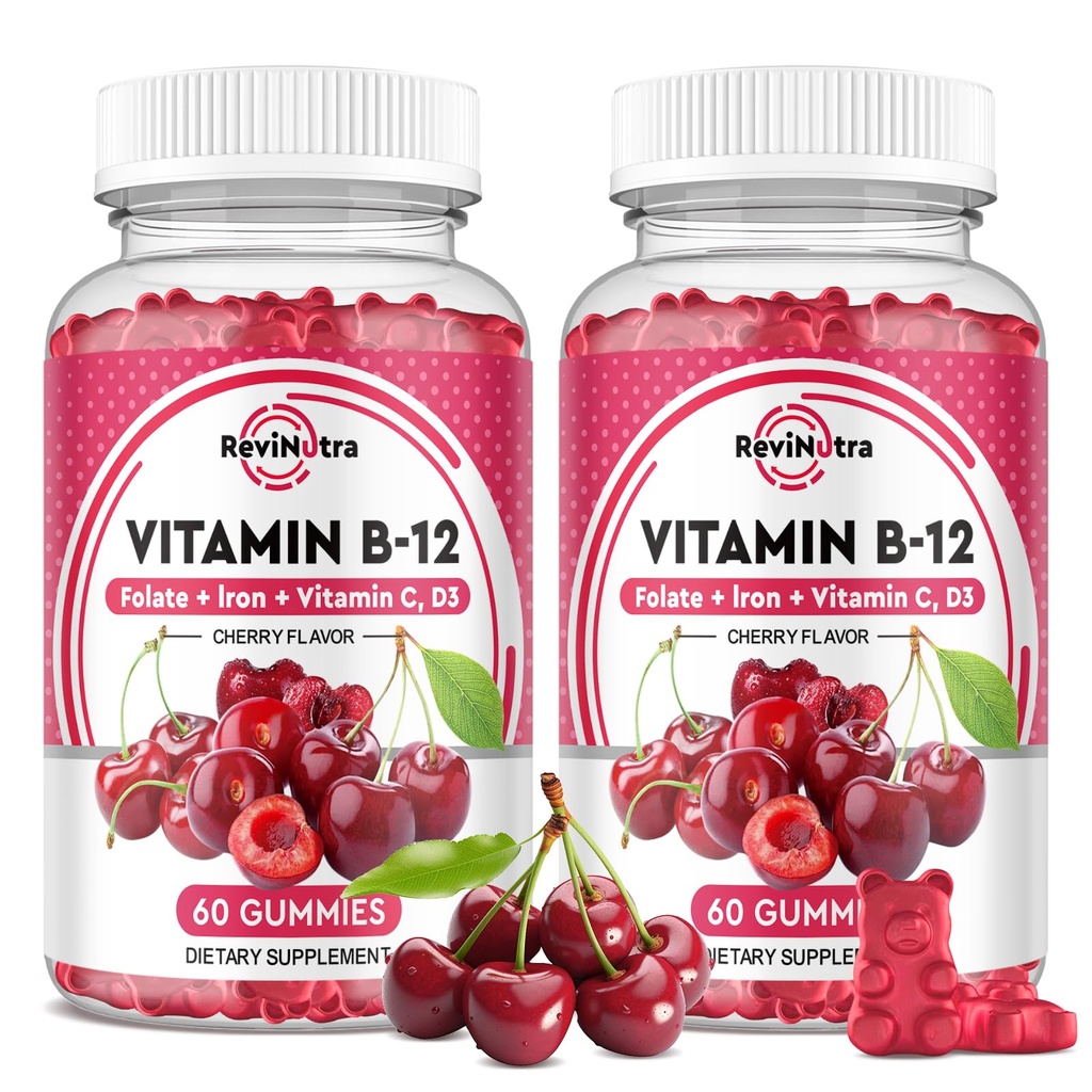 Vitamin B12 Gummie - 5000 mcg methylkobalamin se železem, Vitamin C, D3 & Folát, Podpora energie a metabolismus, imunitní, B-12 Komplexní Žvýkací doplněk pro muže a ženy, 120 Počet, 2 Pack