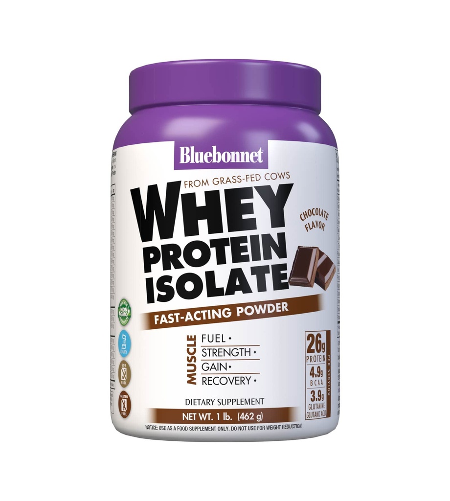 Bluebonnet Nutrition Whey Protein Isolate Powder, Whey From Grass Fed Cows, 26g proteinu, No Sugar Added, Gluten Free, Soy free, kosher Dairy, 1 Lb, 14 Servings, Chocolate Flavor