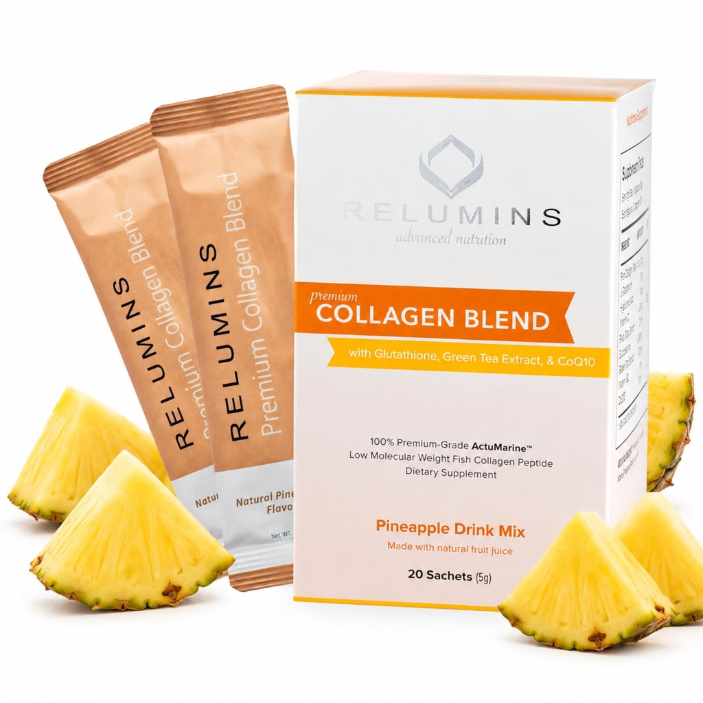 Reluminy Marine Kolagen Powder Drink Mix - Kolagen Peptid s Glutathione, Zelený čaj, CoQ10, & Hyaluronic Acid Boosts Glowing Skin - 100 Powder Sachets x Ananas Ochucené + 10 zdarma Sachety