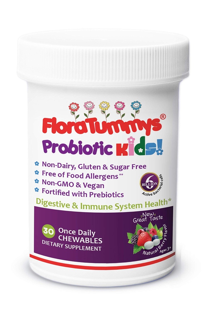 FloraTummys Kids Chewable Probiotic Prebiotics: Non- Dairy, Gluten & Sugar- Free, Peanut & Soy Free, Non- GMO, Tested & Free of Food Allergens, Vegan, Kosher, Berry Flavor (1 lahvička)