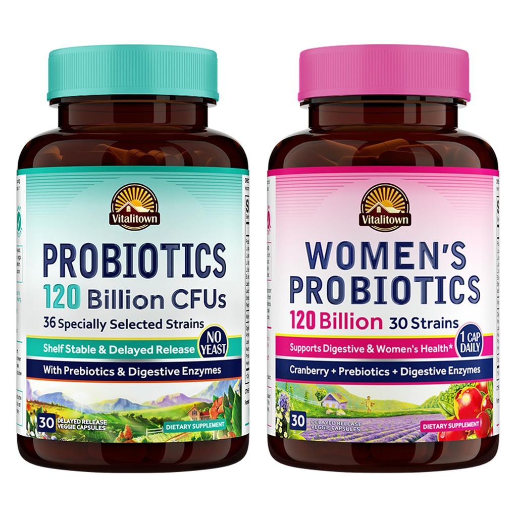 Vitalitown Probiotic Bundle (Pack of 2) Březen 124; Probiotika 120 miliard CFU (Položka 1) a ženských Probiotika (položka 2) Březen 124; Schránka Stabilní, jednou denně 124; Gut, imunitní, Vaginální zdraví CF124; 60 Kapsle 124; 30 Den Dodávka každý