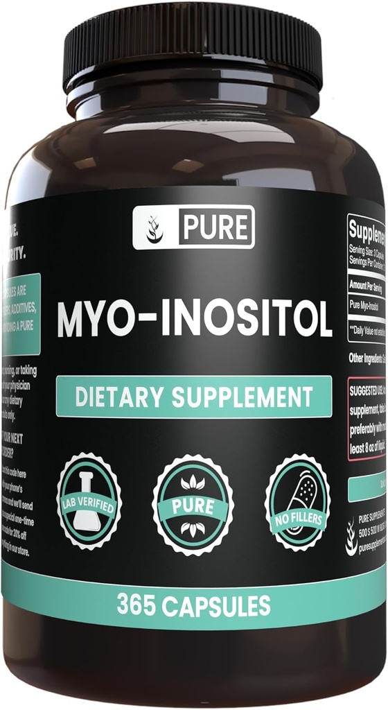 Čisté původní ingredience Myo- Inositol (365 Kapsle) Ne hořčík nebo rýžové plnidla, Vždy čisté, Laboratorní ověřené