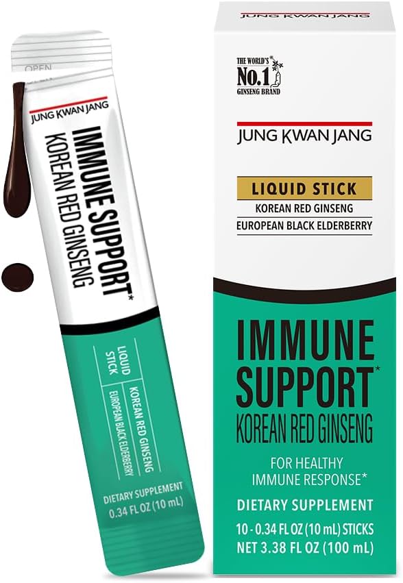 JUNG KWAN JANG Korean Red Panax Ginseng (800mg) a Elderberry (469mg) Immunial Support Everytime Extract Sticks, Antioxidant Supplement for Immunity and Daily Wellness, 10 Count
