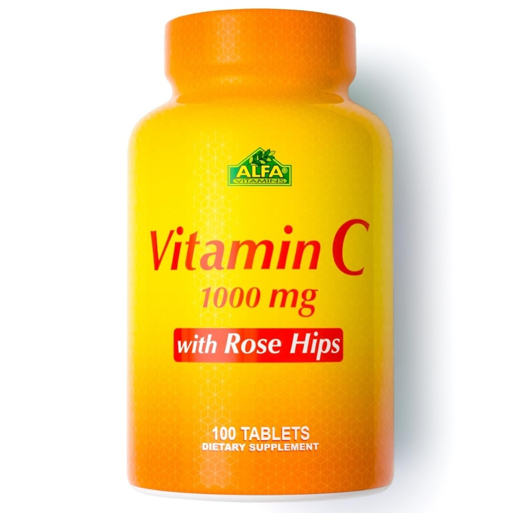 ALFA VITAMINS Vitamin C s Rose HIPS s 1000 mg vitaminu C na porci - Antioxidant & Immunant Support + Podporuje zdravou pleť & Spojky - Non GMO, Vegan, Gluten Free, Dairy Free - 100 Tablety