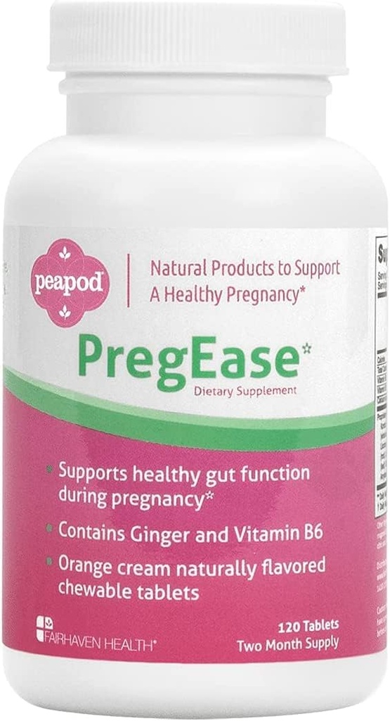 Fairhaven Heath Peapod PregEase Ranní nevolnost dodatek pro těhotné ženy - Sweet Orange Chewable Tablets with Ginger and Vitamin B6-2 Month Supply