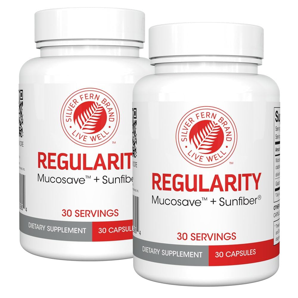 Silver Fern Brand Regularity doplněk k trávení - 2 Lahve = 60 Kapsle = 60 Day Supply - Mucosave FG (Pruiled Pear Polysaccharides & Olive Leaf Polyfenols) & SunFiber