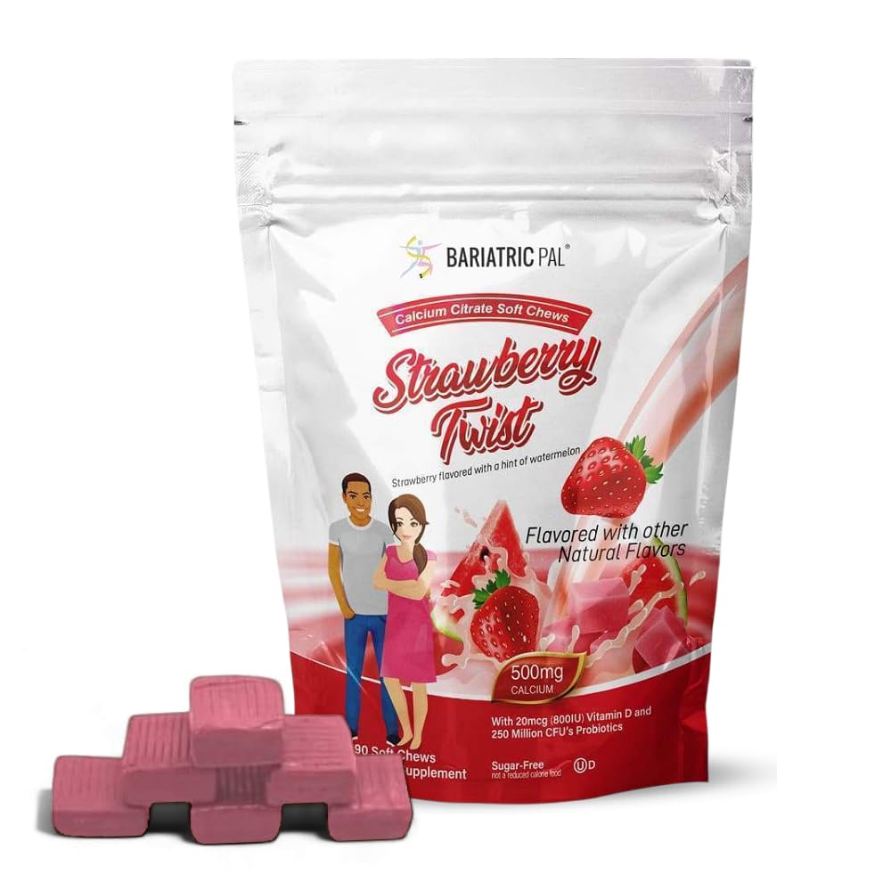BariatricPal Sugar- bez vápníku Citrát měkké žvýkací 124; 500mg s vitaminem D & Probiotika 124; Jahodová twist 124; 90 Počet (1 měsíční dodávka)