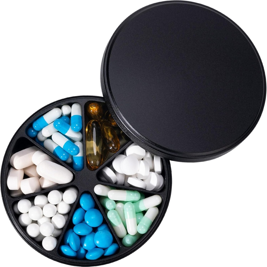 Metal Pill Dispenser Pill Organizátor se 7 Compartments - Těžké clo Anti- Mix Pill Container, Velké vodotěsné denně Pill box Pouzdro pro vitamín, medicína, dodatek, rybí olej, 0.39lb (černý)