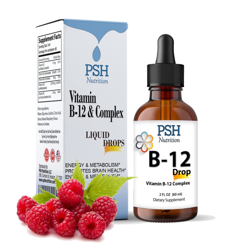 Premium PSH B Complex Liquid Drops with B12 - Natural Energy Booster - USA Made Supplementer for Energy and Focus Stress Relief and Energy and Immunication Support - 2 fl oz