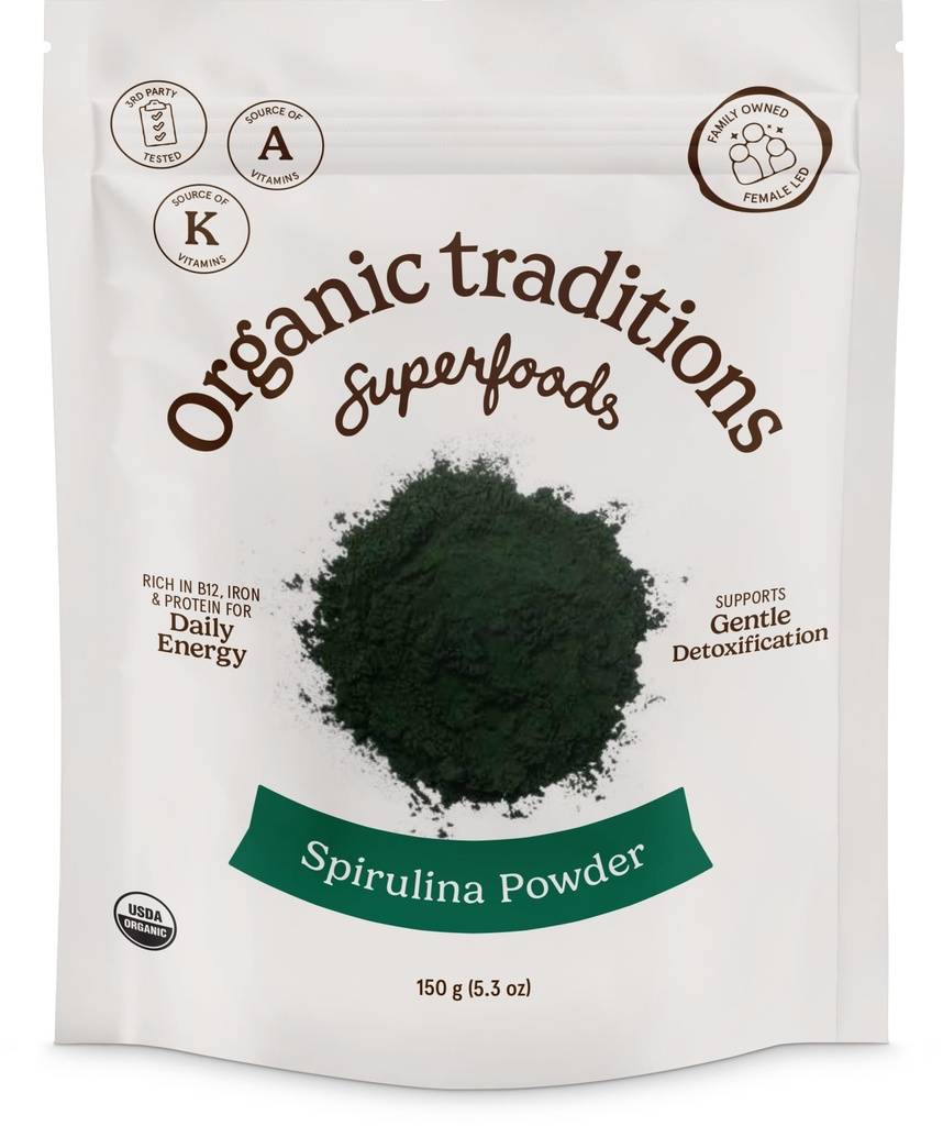 Organické tradice Organic Spirulina Powder Vegan Non- GMO Superfood, 5.3oz (150g) Bag, 50 Servings per Bag