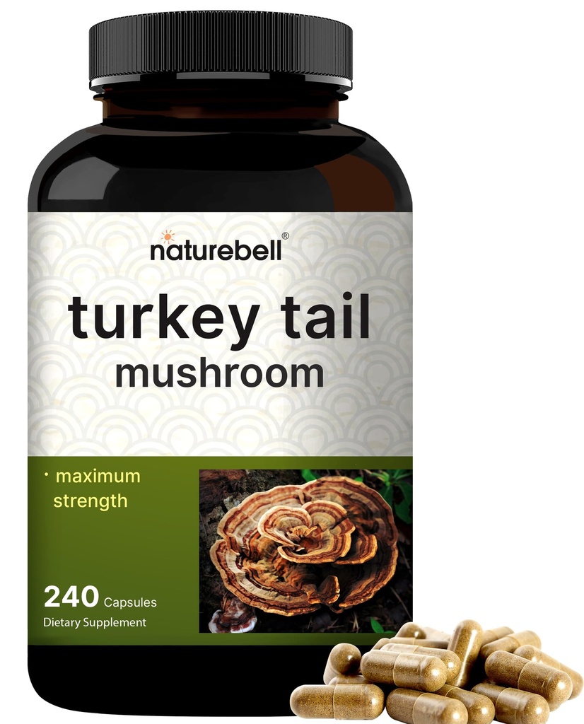 NatureBell Turecko Tail Houba Kapsle 15,000mg Per Serving, 240 Počet 124; 25: 1 Plodící tělo & Mycelium Extract - Imunitní & Brain Health Houby Dodatek.