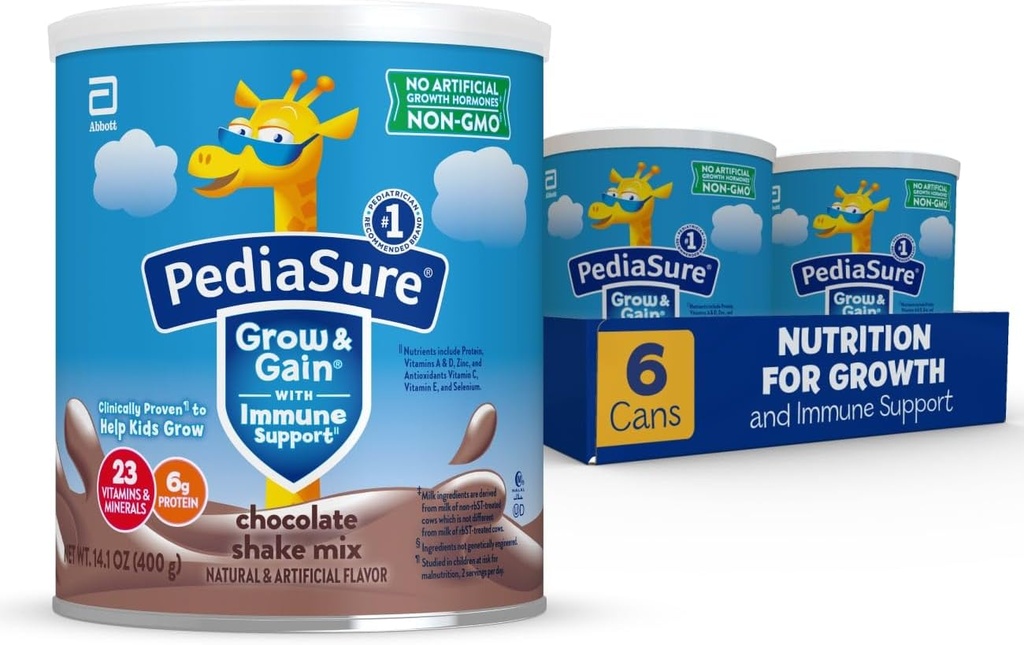 PediaSure Grow & Gain s imunitní podporou Shake Mix Powder, 23 Vitamíny & Minerály, 6g Protein, Non- GMO, Gluten- Free, Kids Nutrition, Chocolate, 14.1 oz Can, Balení 6-48 porcí
