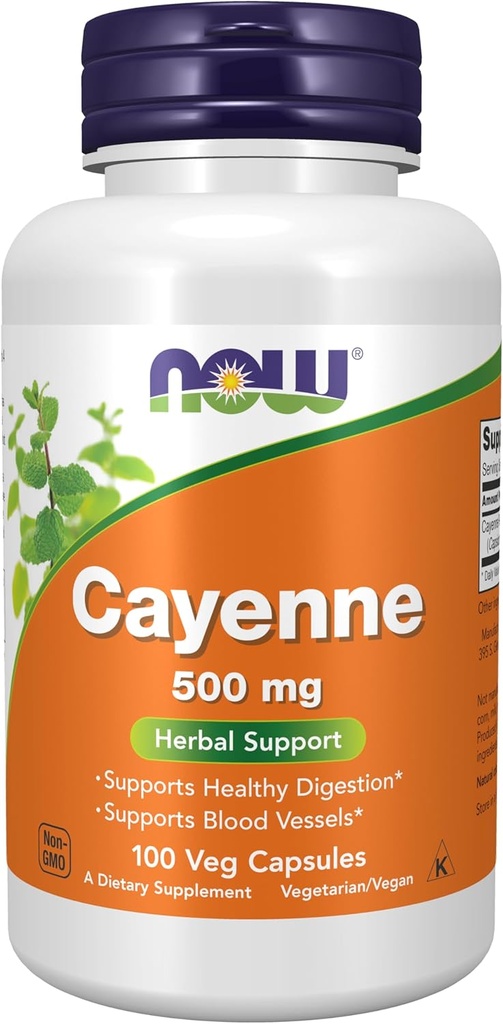 Nyní Potraviny doplňky, Cayenne (Capsicum annuum) 500 mg, Bylinná podpora, 100 Veg Kapsle