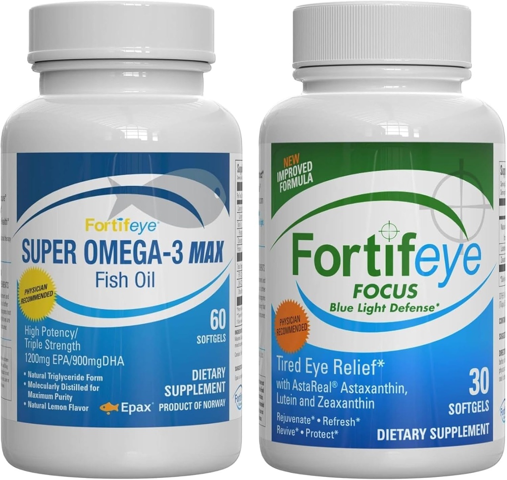 Fortifeye Blue Light and Heart Health Support Bundle 124; Super Omega-3 Max Fish Oil, 60 Softgels, a Focus Blue Light Defense, 30 Softgels