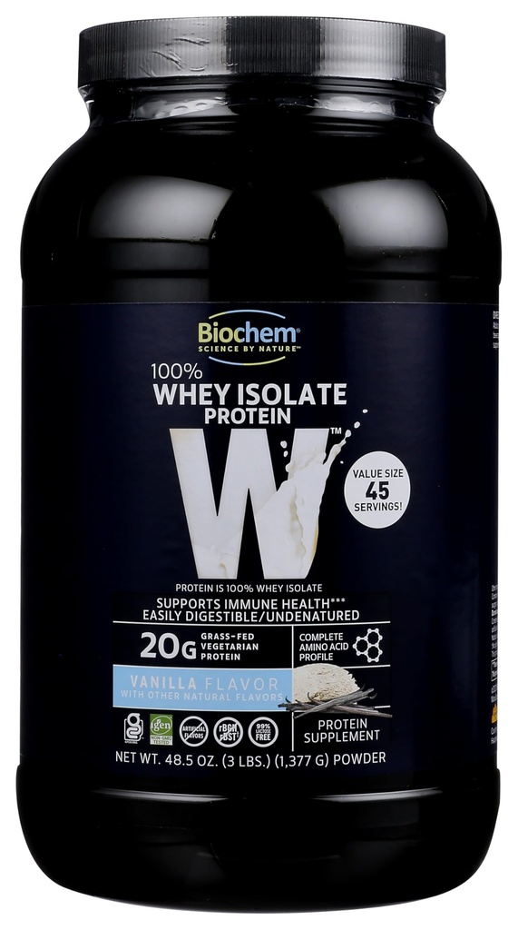 Biochem 100% syrovátka izolát proteinu prášek, vanilková flavor, 20g Grass- Fed protein, Keto Friendly, gluten zdarma, snadno stravitelné, vegetariánské, 48.5 oz, 45 Služeb
