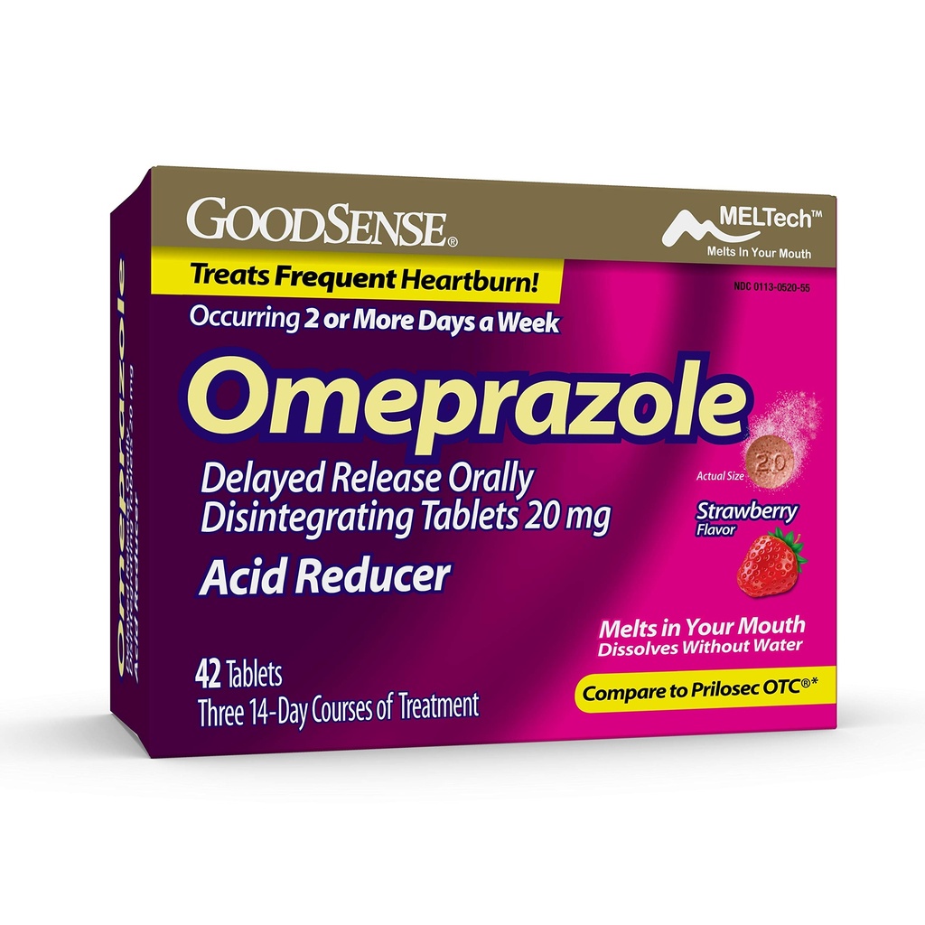 GoodSense Omeprazol Zpožděné uvolnění Orálně Diintegrační tablety 20 mg, Strawberry Flavor, Rozpusťte Tabs, Léčí časté Heartburn, Kyselina reducer, Heartburn Medicine, 42 Tablety