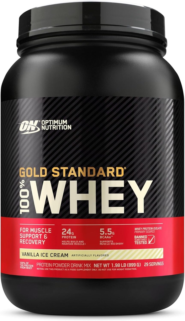 Optimum Nutrition Gold Standard 100% syrovátkový proteinový prášek z syrovátkových izolátů, Vanilla Ice Cream - 2 libry