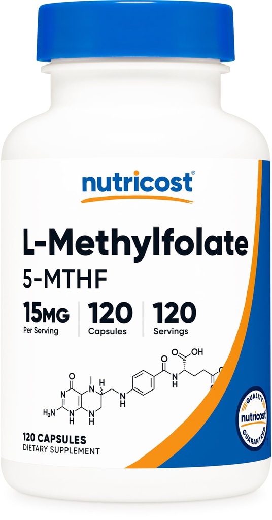 Nutricost L- methylfolát 15 mg, 120 tobolek (5- MTHF) - Vegan, Non- GMO, bez glutenu