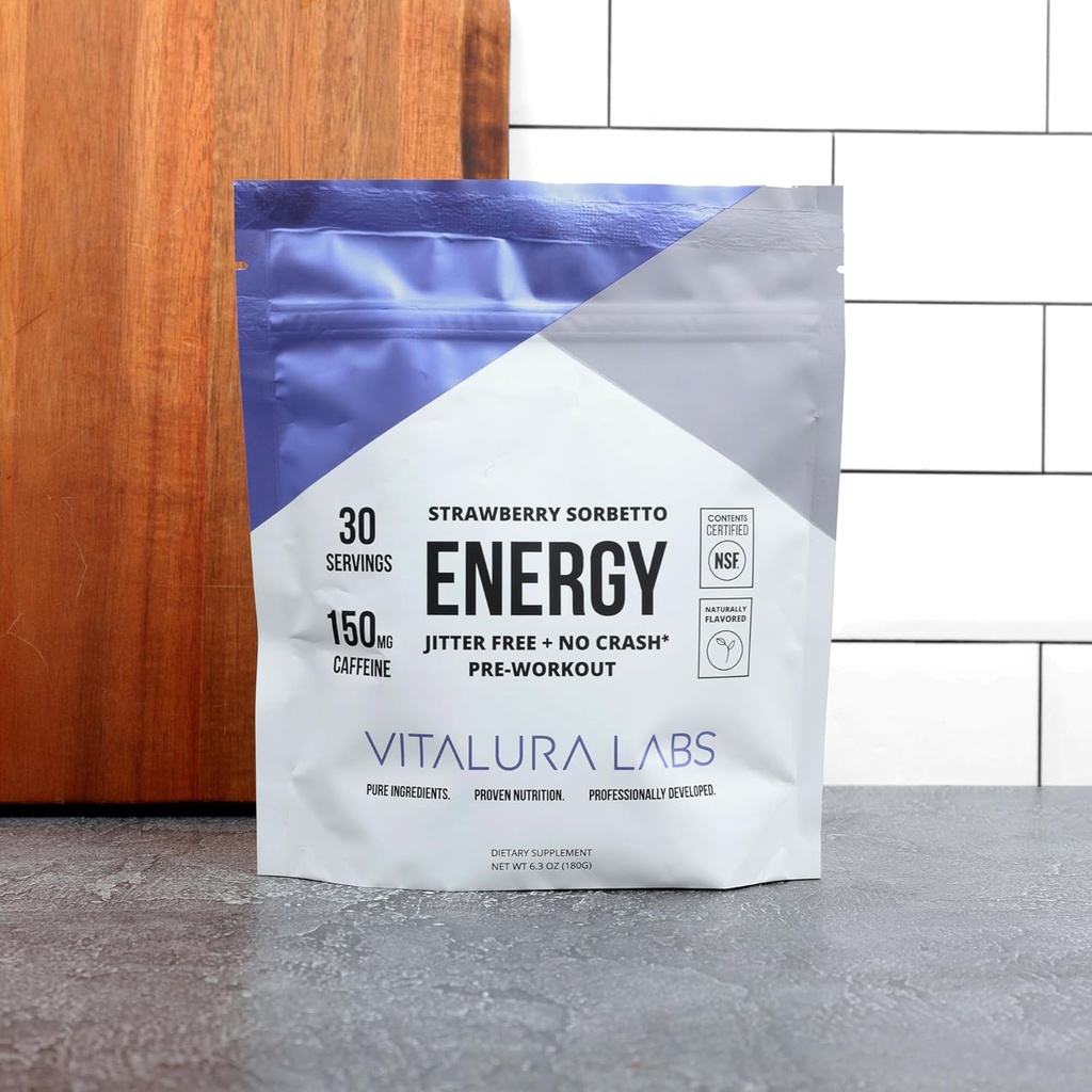 Vitalura Labs Pre- Workout Powder - Caffeine, Theacrin, Rhodiola & L- Theanine for Energy & Endurance - NSF Content Certified - Jahody Sorbetto Ochucené - 30 Služeb