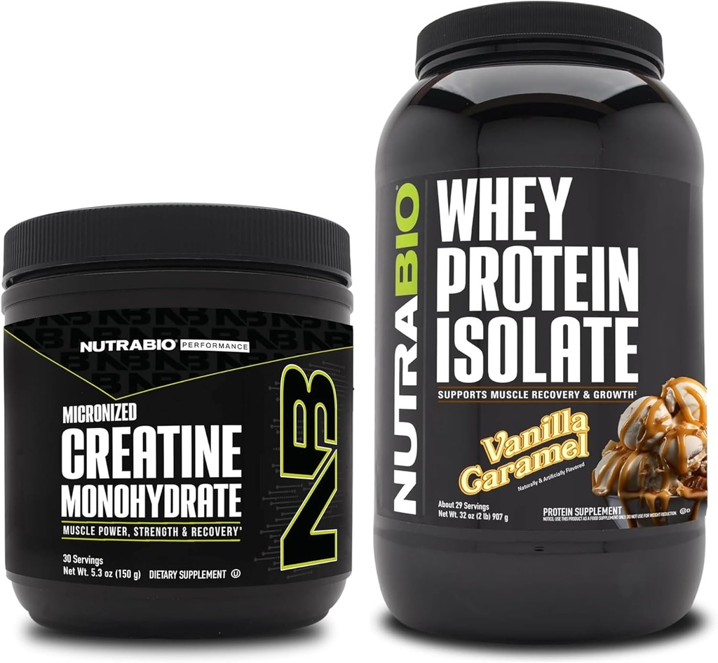 NutraBio Creatin Monohydrát, Neochucené, 150g a syrovátka izolát, Vanilla karamel, Doplněk Bundle - Svalová energie, Lean růst svalů, zotavení, a síla