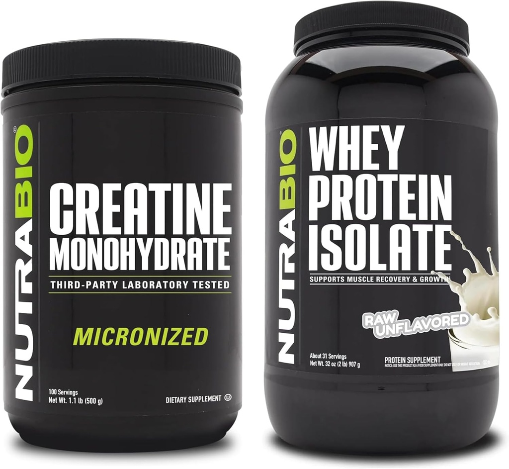 NutraBio Creatin Monohydrát, Neochucené, 500g a syrovátkové bílkoviny izolát, Neochucené, Doplněk Bundle - Svalová energie, Lean růst svalů, zotavení, a síla