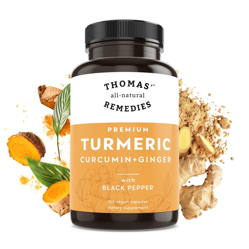 Thomas 'all- natural Remedies Turmeric Curcumin and Ginger with Black Pepper, Organic Turmeric Joint Supplementation - 95% Curcumin - NO Filler, Vegan - 120ct
