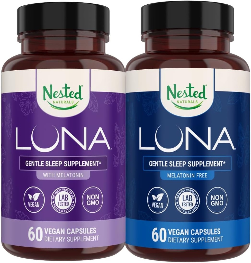 Nested Naturals Luna Sleep Aid Bundle 124; Luna & Luna Melatonin- Free Sleeping Pills with Natural Ingredients Melatonin, Valarien, & Více (120 Počet)