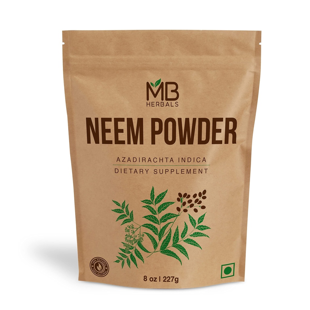 MB Herbals Pure Neem Powder 8 oz OZ 124; 227 Gram / 0.5 LB Pure Wild- Vyrobeno Neem Leaf Powder 124; dodatek pro kůži a vlasy 124; Azadirachta Indica