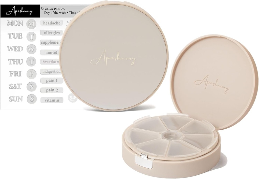 7 Compartments Pill Case, Pill Box, Daily Pill Organizer, Travel Pill Organizer, Medication Organizátor, Přizpůsobitelný Pill Disperser s nálepkami na etiketě (Pearl Cream)
