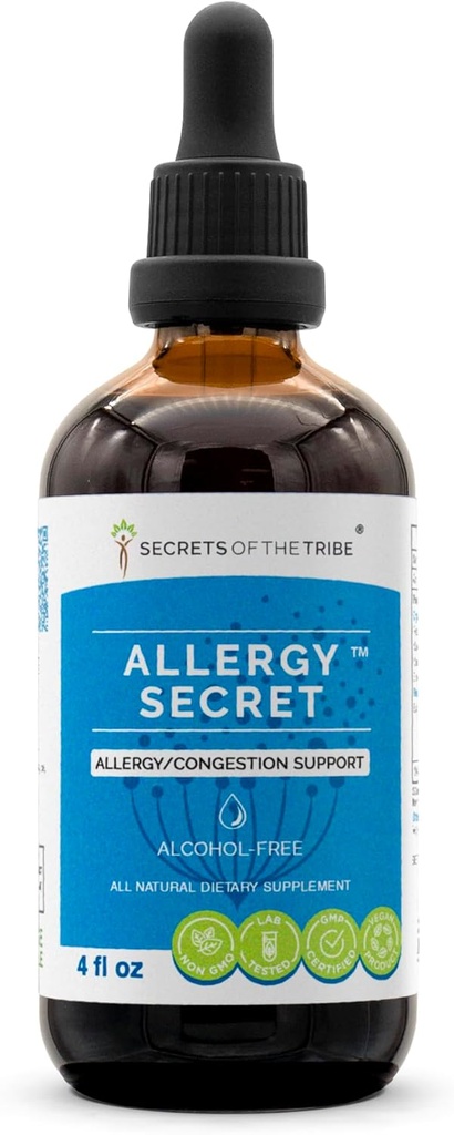 Alergie Secret Alcohol- Free Extract, tinktura, Glycerite Rosemary, Mullein Leaf, Marshmallow, Stung Nettle, Eyebright. Podpora alergie / zácpy (4 FL OZ)