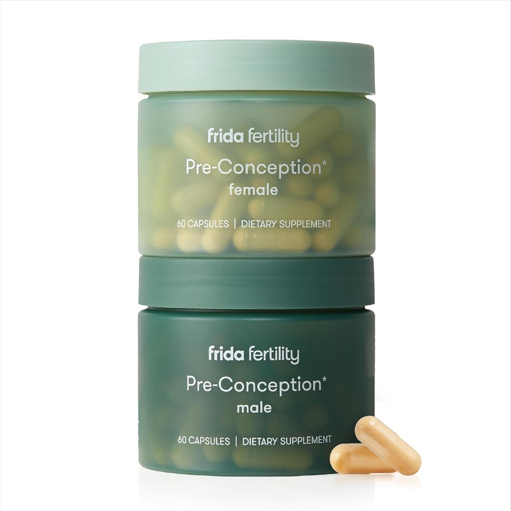 Frida Fertility Pre- Conception Dodatek Set, Jeho & Her Denní Vitamíny & Minerály pro plodnost, Podpora vajíček & Sperm zdraví, Kyselina listová, Inositol, CoQ10, 60 Kapsle Každý, 30 Den Dodávka