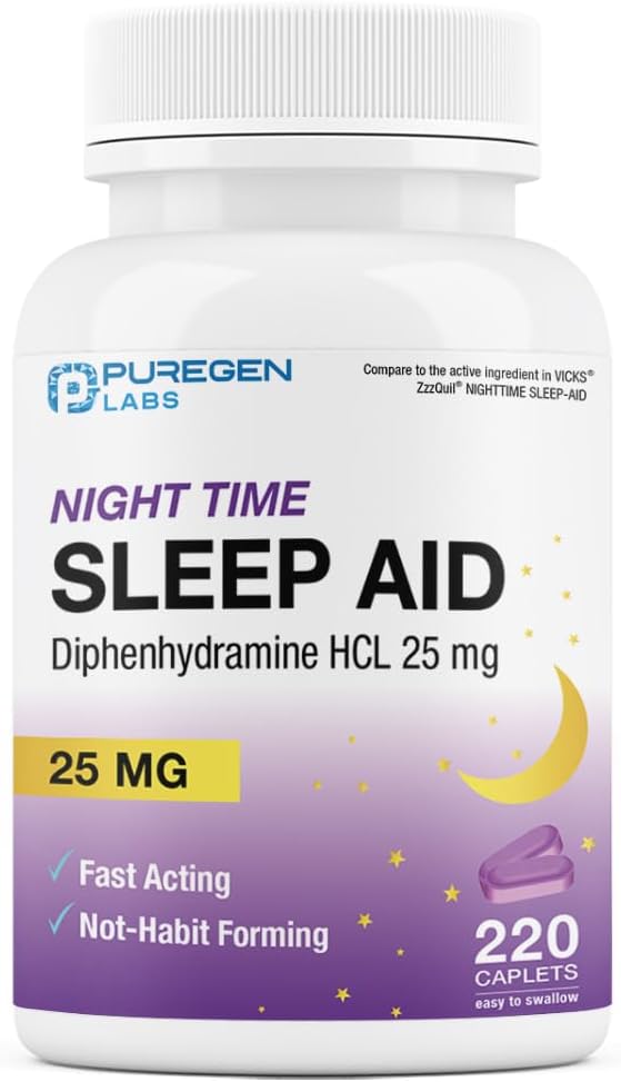 Puregen Labs Sleep Aid Caplet, Diphenhydramine HCl 25mg - 220 Count CLAS124; Podporuje Deepts Deeper, Restful Sleep, Non Habit- Forming CLAS124; Made in USA