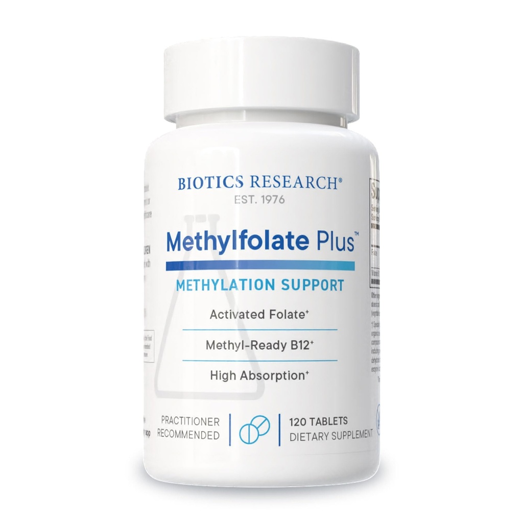 Biotika Výzkum METHYLFOLATE Plus ™ Methylfolát, Bioactive Folát + B12, Podporuje kardiovaskulární zdraví, vývoj plodu, Nerve zdraví, Methylation Support, Homocystein Levels. 120 tablet