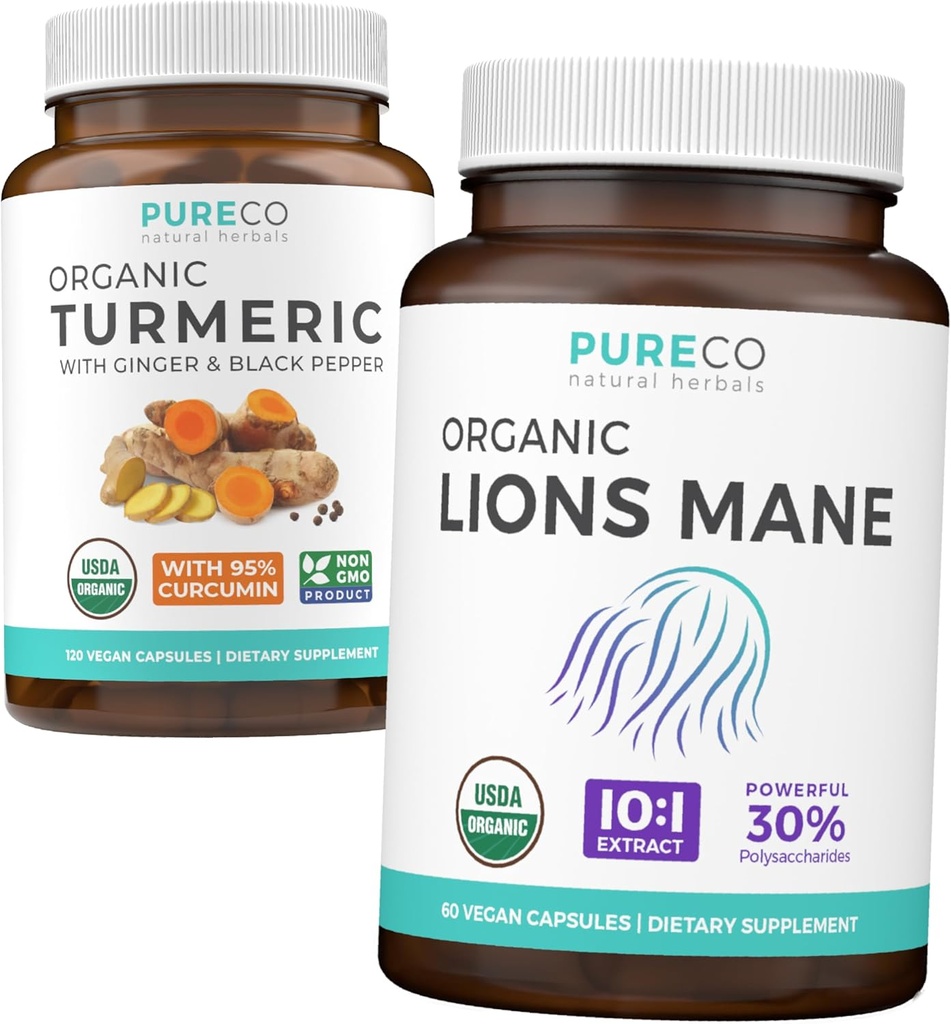 Kurkumin s černým pepřem a zázvorem (120 Caps) & Organic Lions Mane Houby 10: 1 Extract (60 Caps)