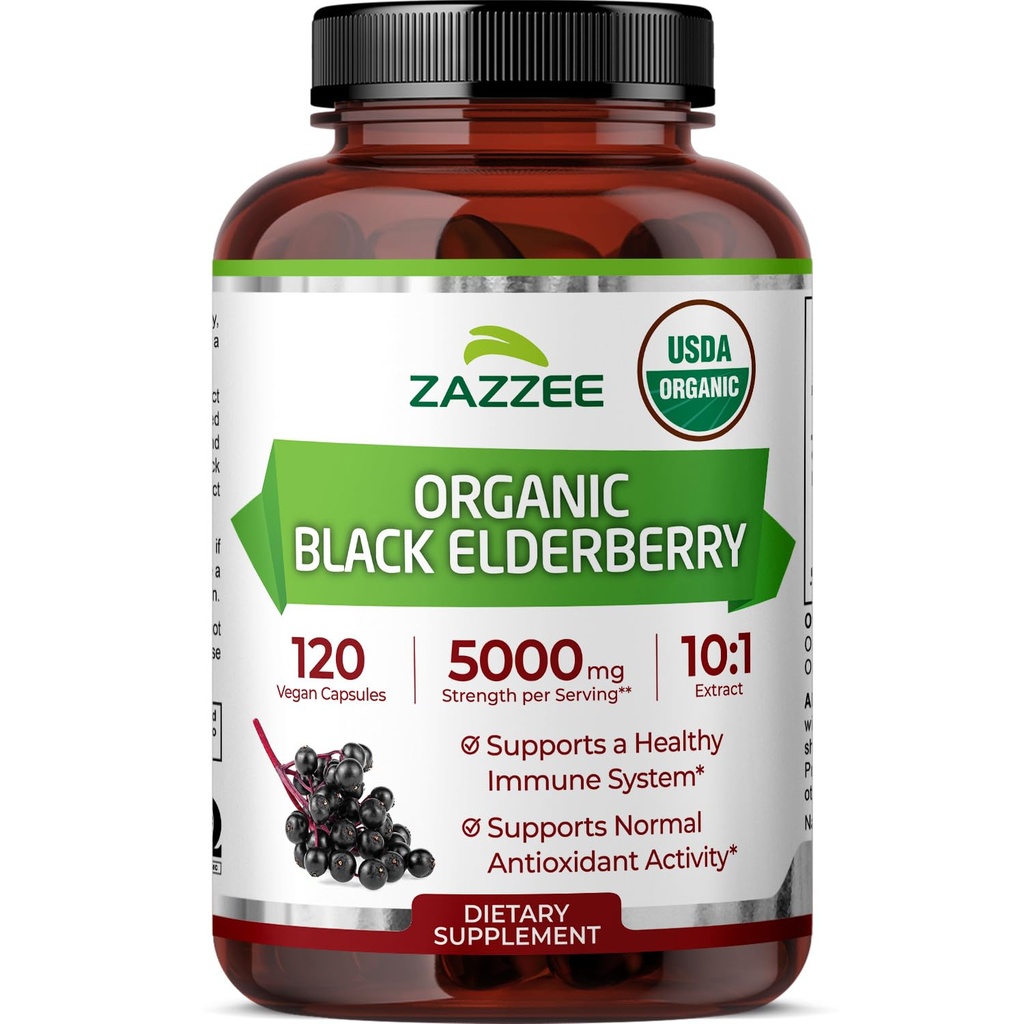 Zazzee USDA Organic Black Elderberry 10: 1 Extract, 5000 mg Síla, 120 Vegan Kapsle, 2 Měsíční dodávky, Standardizované, Koncentrovaný 10X Extract, 100% Vegetariánské, All- Natural, Non- GMO, Made in USA
