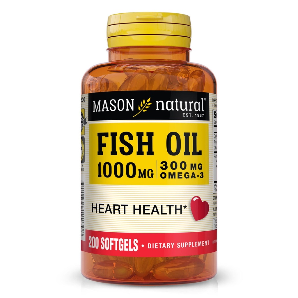MASON NATURAL Omega, 3 rybí olej, 200, Day Supply, 1000mg s EPA a DHA pro společnou podporu, Softgel pilulky
