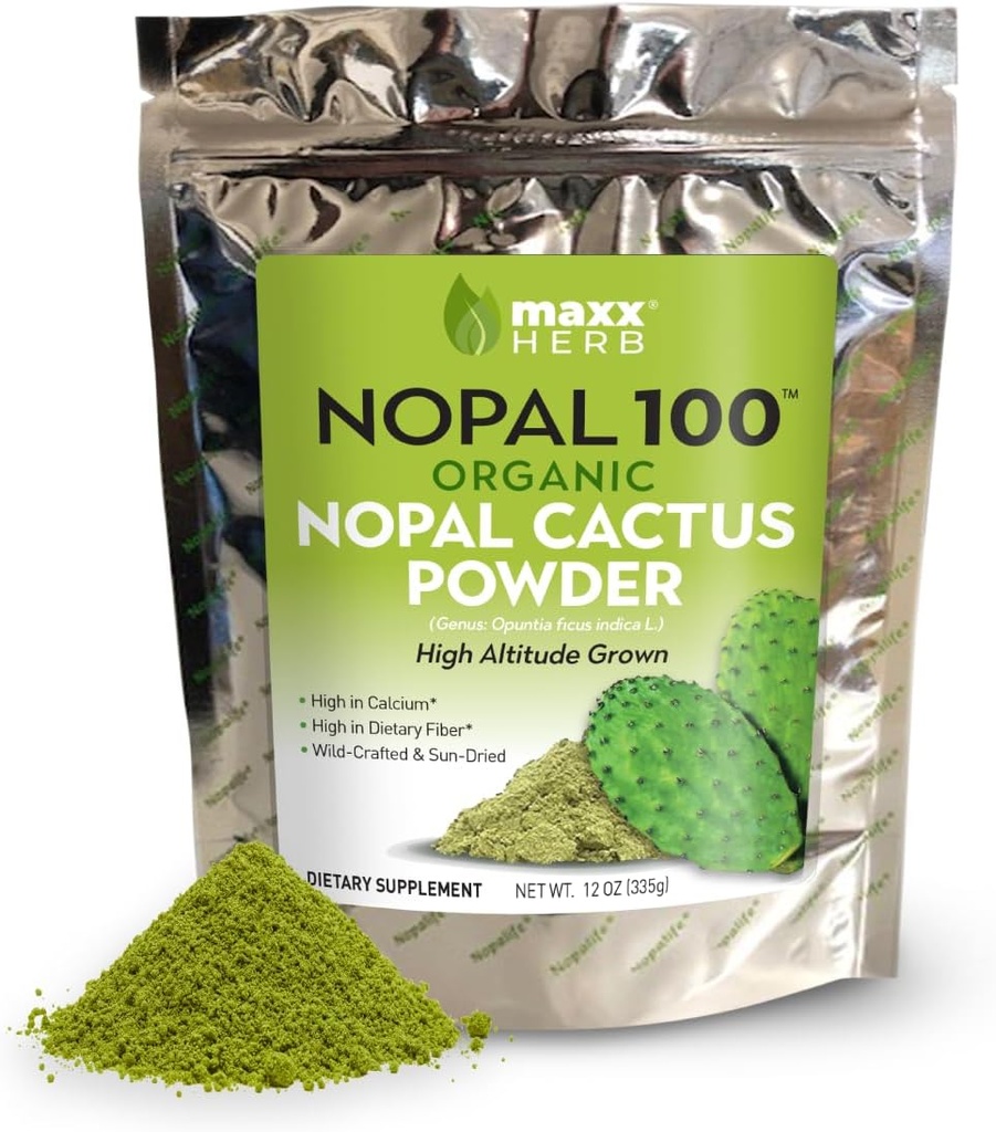 Maxx Herb Organic Nopal Cactus Powder, pro zdravou stravu a imunitní podporu, High in dietary fiber, vápník & vitamín C, Vegan, non-GMO a gluten zdarma - 12 Oz Bag