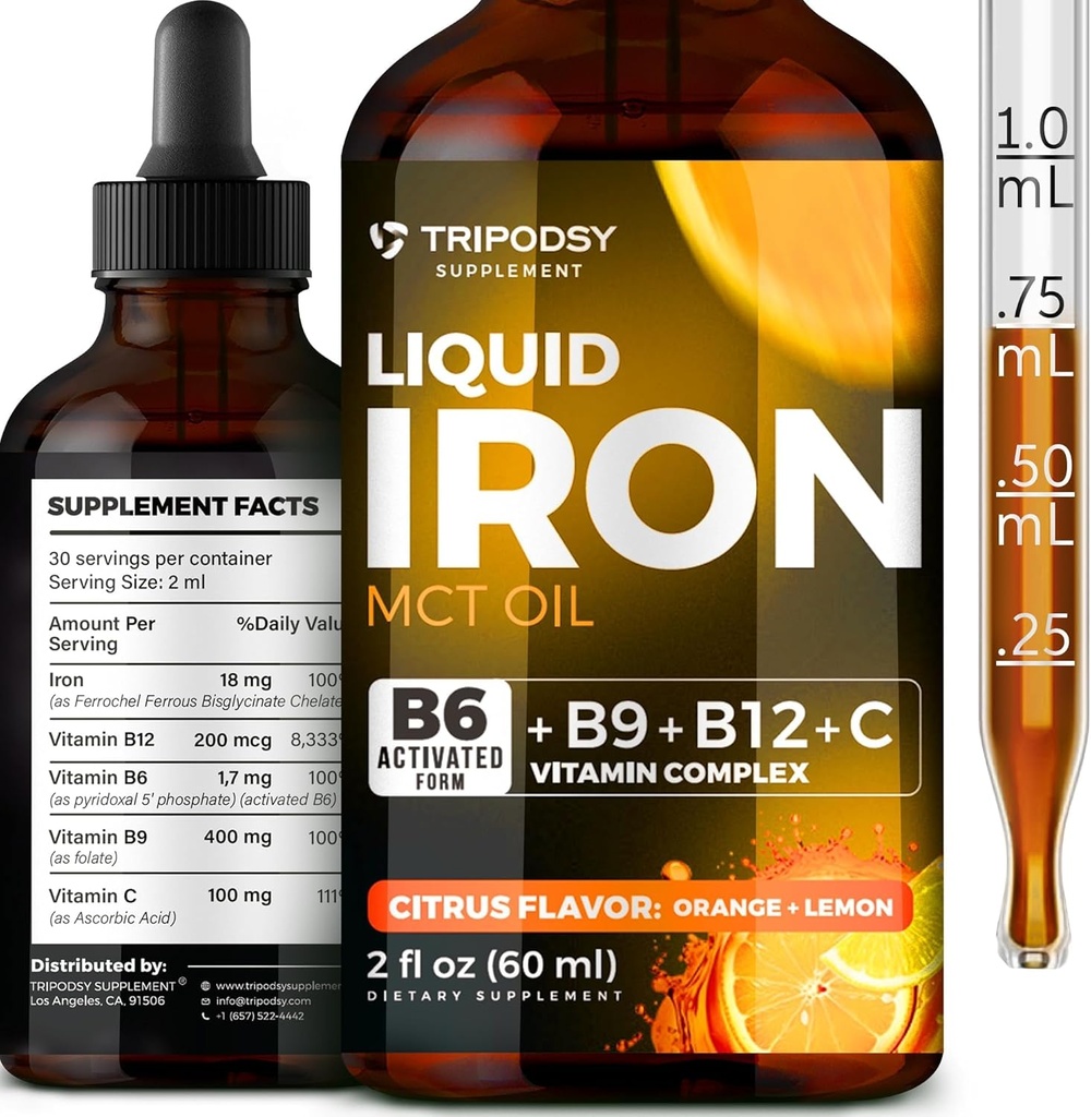 Liquid železo doplněk pro ženy a muže - Železné kapky s B6, B9, B12, Vitamin C pro anemii, krevní stavitel, Folát pro červené krvinky a imunitní podpora MCT olej (2 FL OZ, Cirtruc)