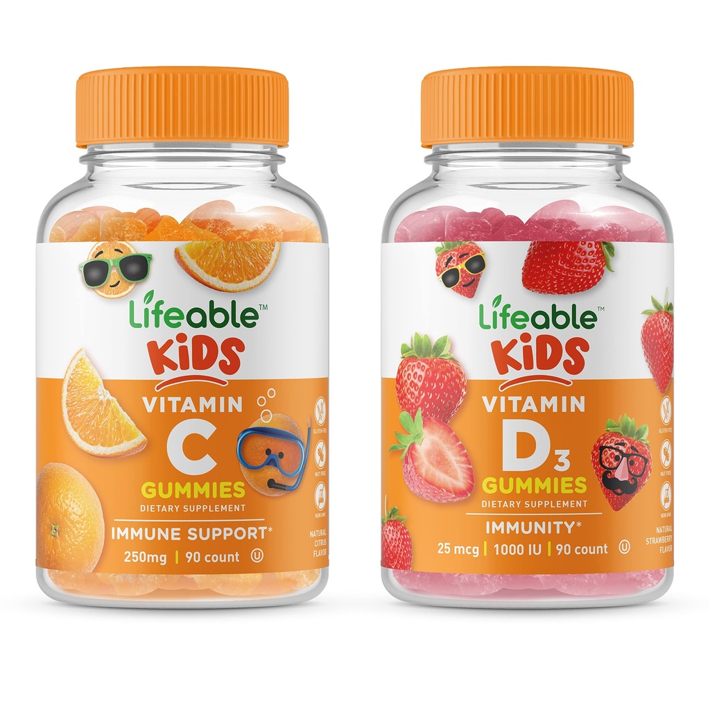 Živý vitamín D Děti + Vitamin C Děti, Gummies Bundle - Velký Ochutnávání, Vitamin dodatek, Lepek zdarma, GMO zdarma, Žvýkací žlab