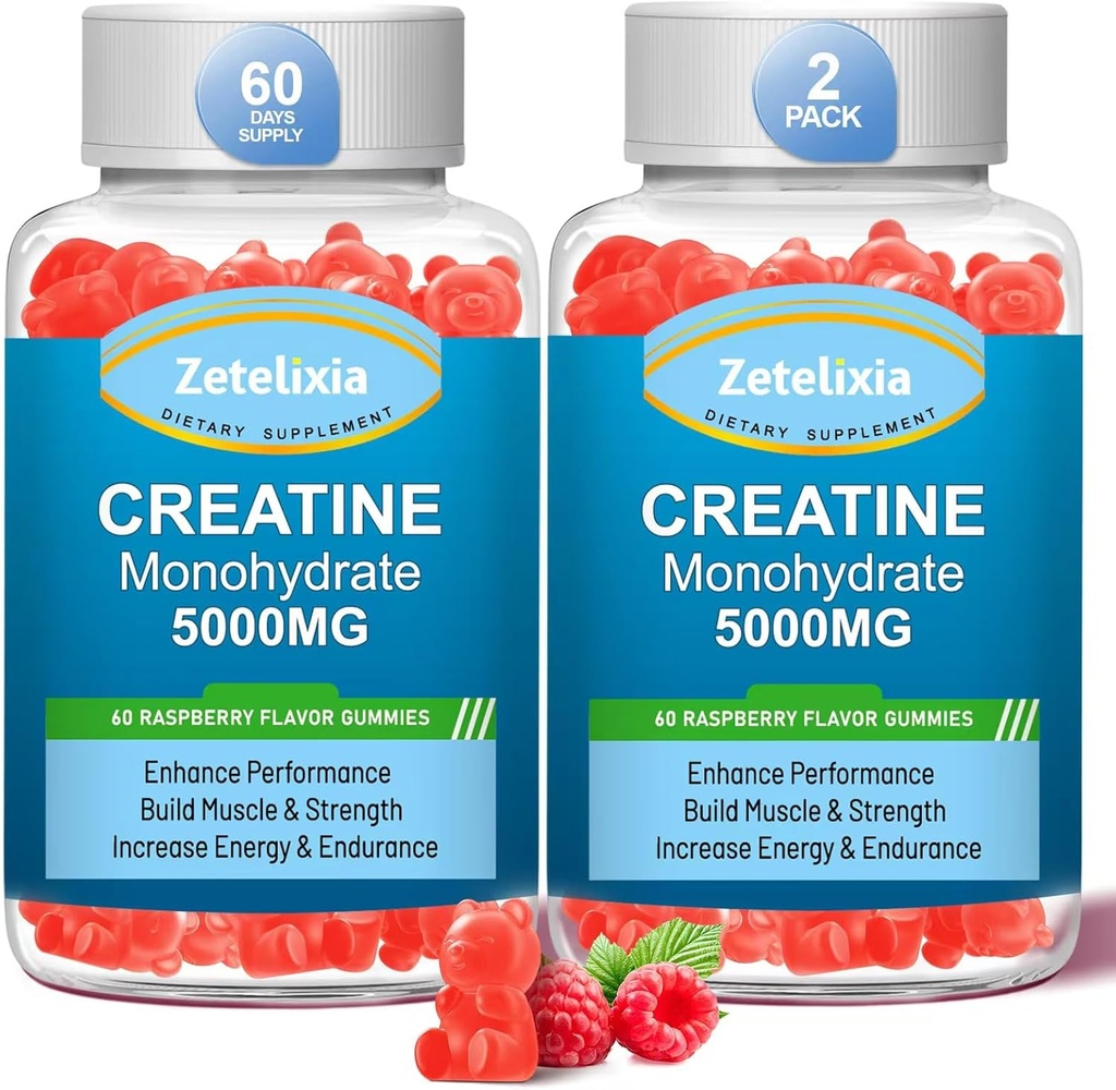 2 Pack Creatine Monohydrát Gummie, Creatine Monohydrát pro muže a ženy, Vylepšený vzorec s BCAA, Vitamin B12, Taurin, Svalová podpora, Energy Boost, Cukr zdarma, Vegan, 120 Počet