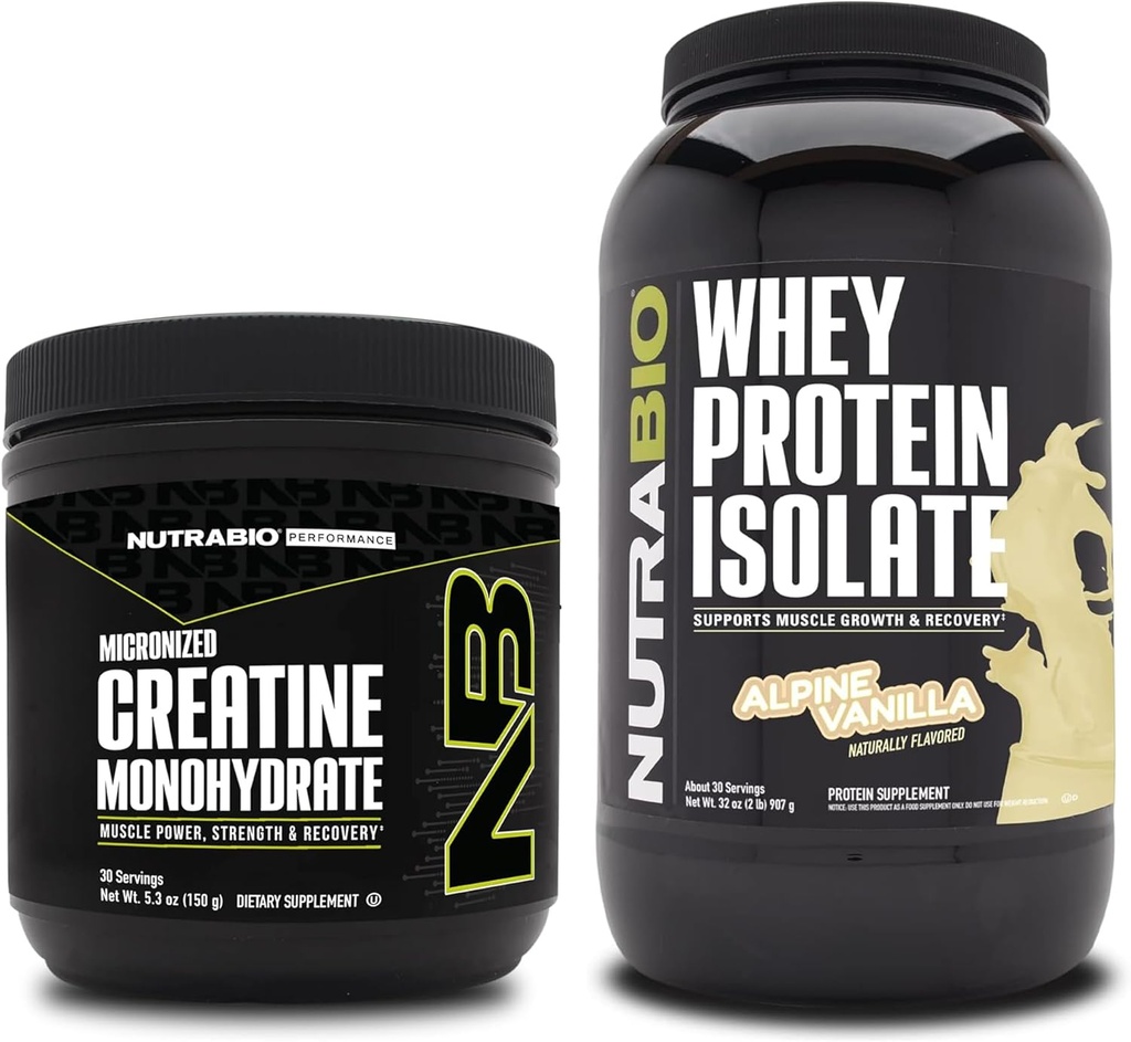 NutraBio Creatin Monohydrát, Neochucené, 150g a syrovátkové bílkoviny izolát, alpská vanilka, dodatek Bundle - Svalová energie, Lean růst svalů, zotavení, a síla