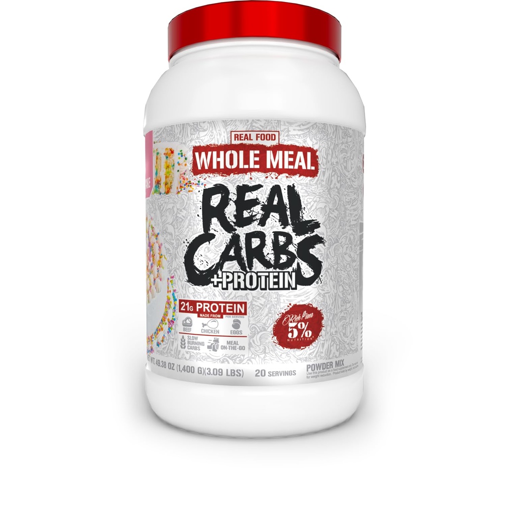 5% Nutrition Rich Piana Real Carbs + protein current 124; Clean Mass Gainer Meal Replacement Protein Powder current 124; Carbohydrát pro Pre Workout / Post- Workout Recovery Meal Current 124; 3 LB, 20 Srvgs (Narozeninový dort + protein)